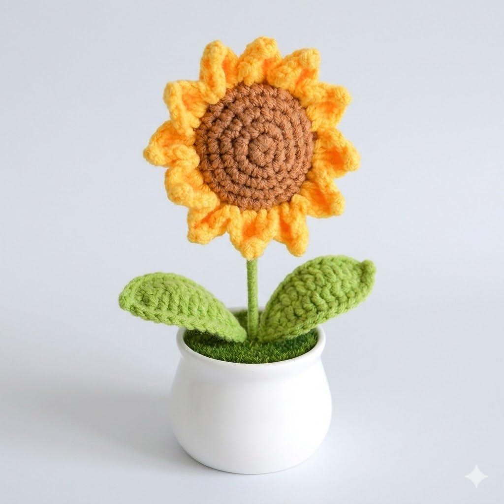 Crocheto Handmade Crochet Sunflower in White Plastic Pot